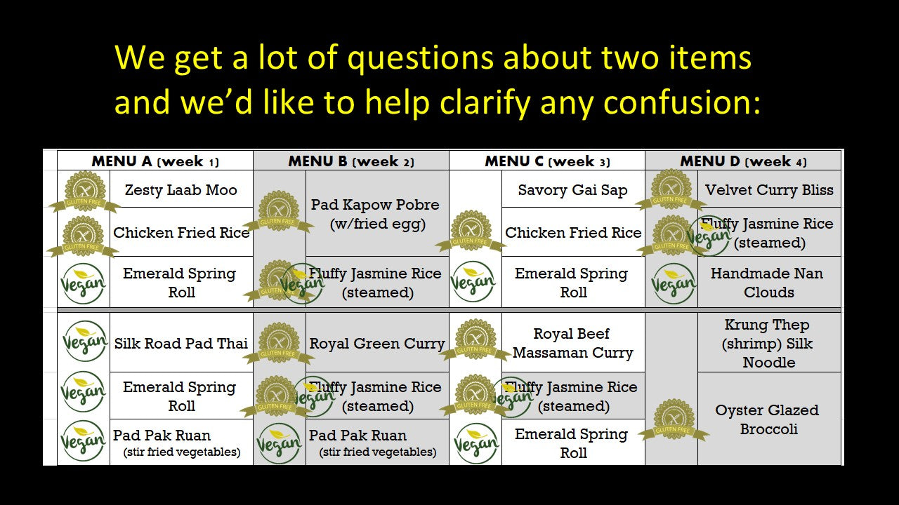 Our menu showing 'Vegan and Gluten Free' choices